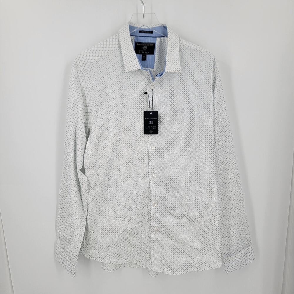 Report Collection Dress Shirt Mens XL Modern Fit White Blue Geo Print Button Up